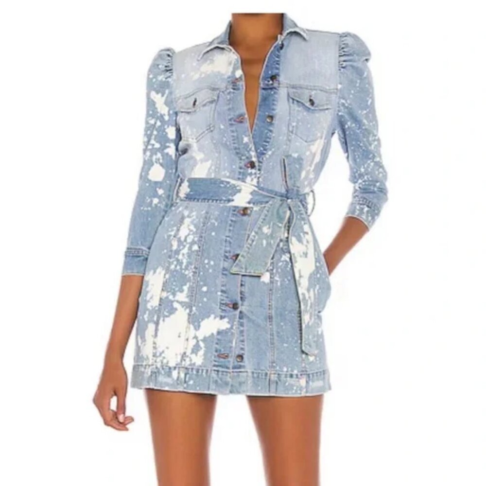 $450 Retrofête Lema Mini Denim Dress Stone Bleach Wash Puff Sleeve Small (S)